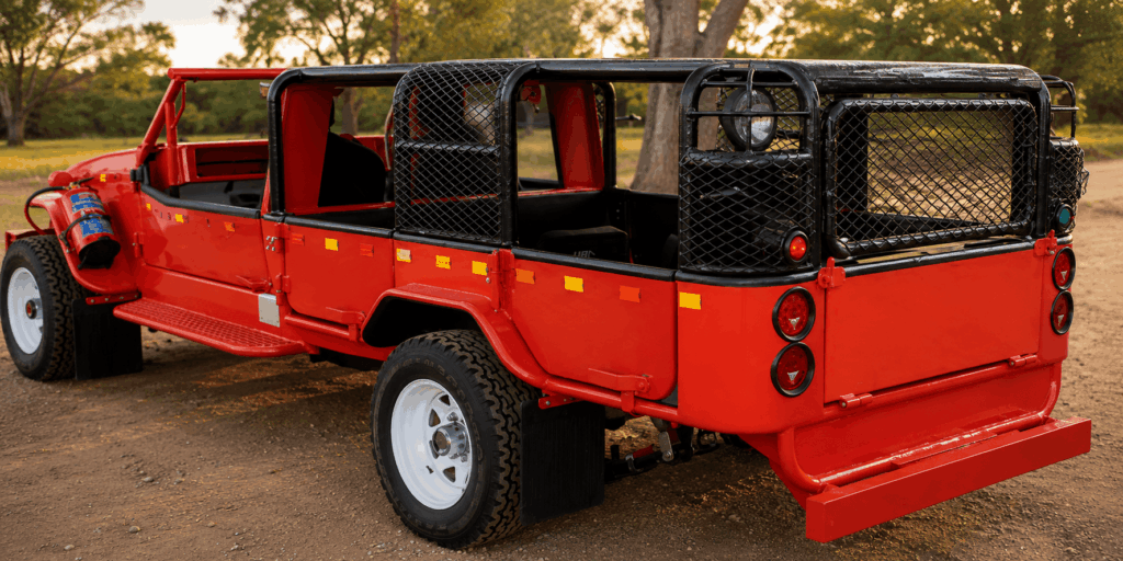 URI 6 Seater Mine Vehicle transporting underground mining personnel with heavy-duty steel construction and ROPS/FOPS safety design.