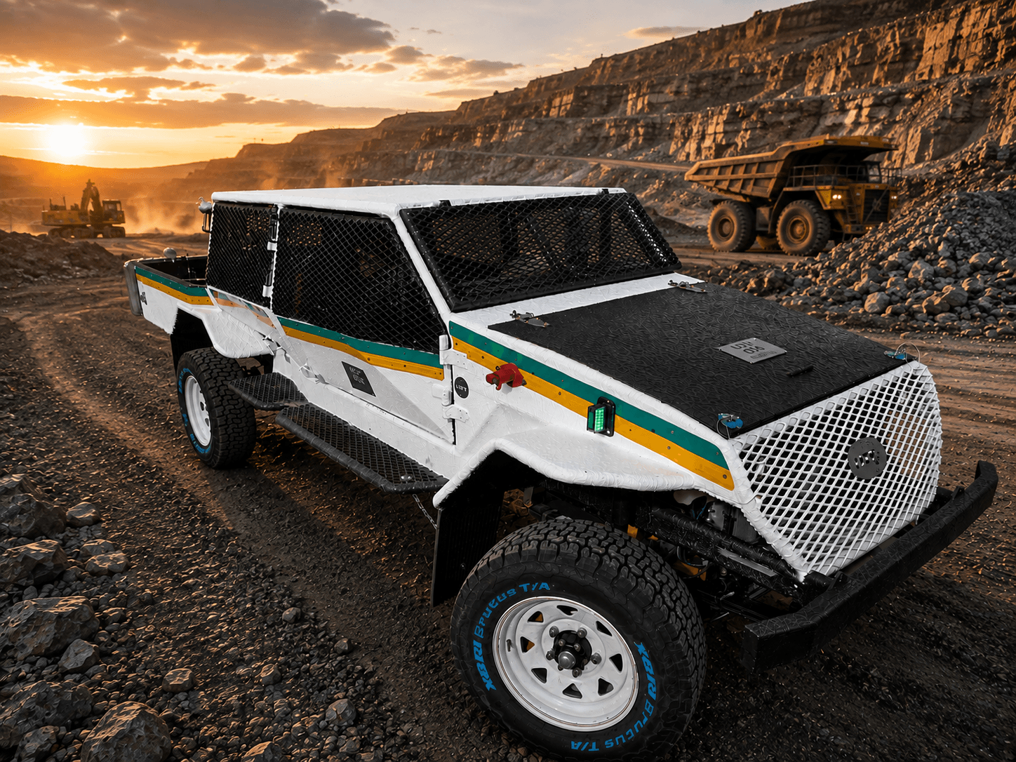 URI-SA purpose-built mining vehicle operating in a rugged open-pit mining environment